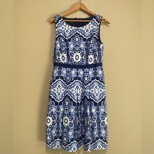 Talbots Women's Blue Geo Print Sleeveless Pleated Lined Dress Size 6